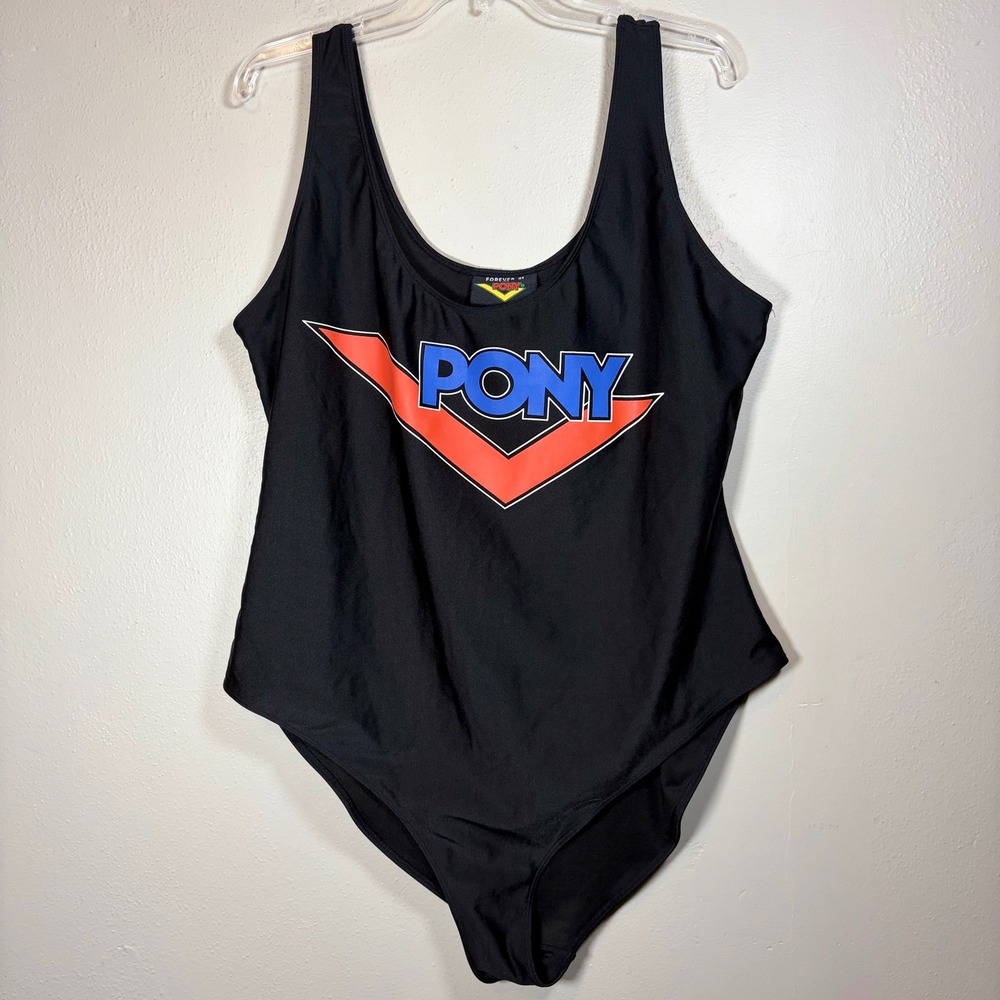 Forever 21 Plus x PONY Black Graphic One Piece Swimsuit Womens 3X Athletic Scoop